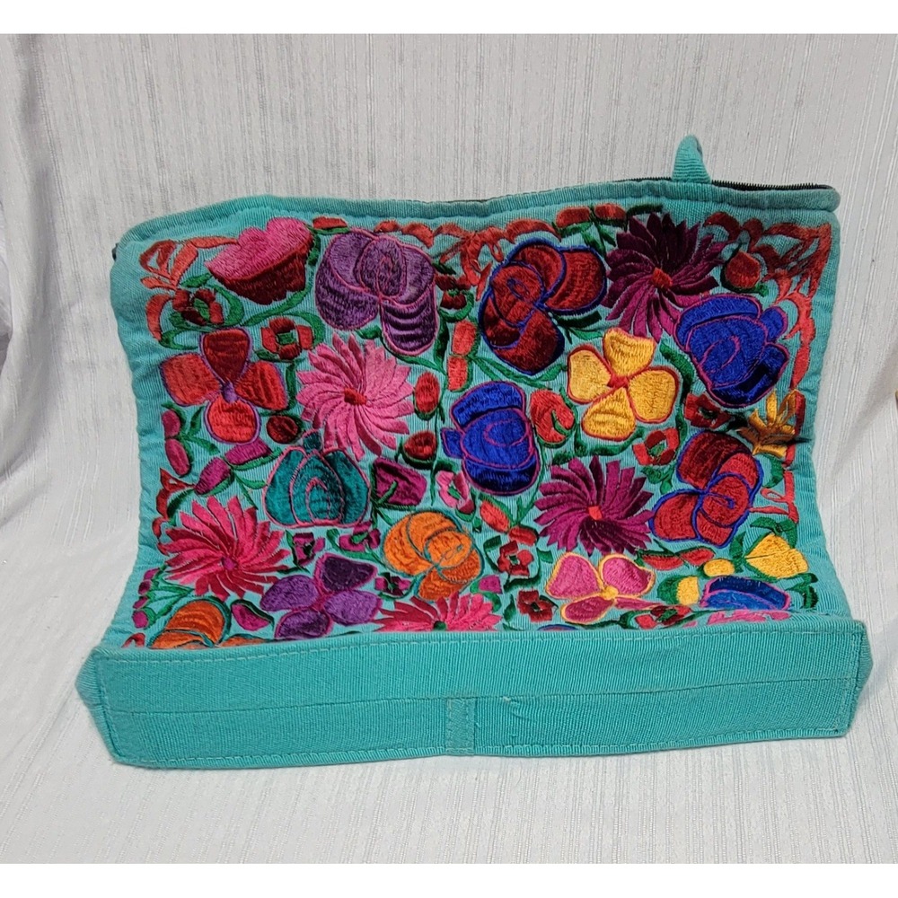 Boho Floral Embroidered Teal Corduroy Tote Bag Shoulder Purse Zipper Pockets